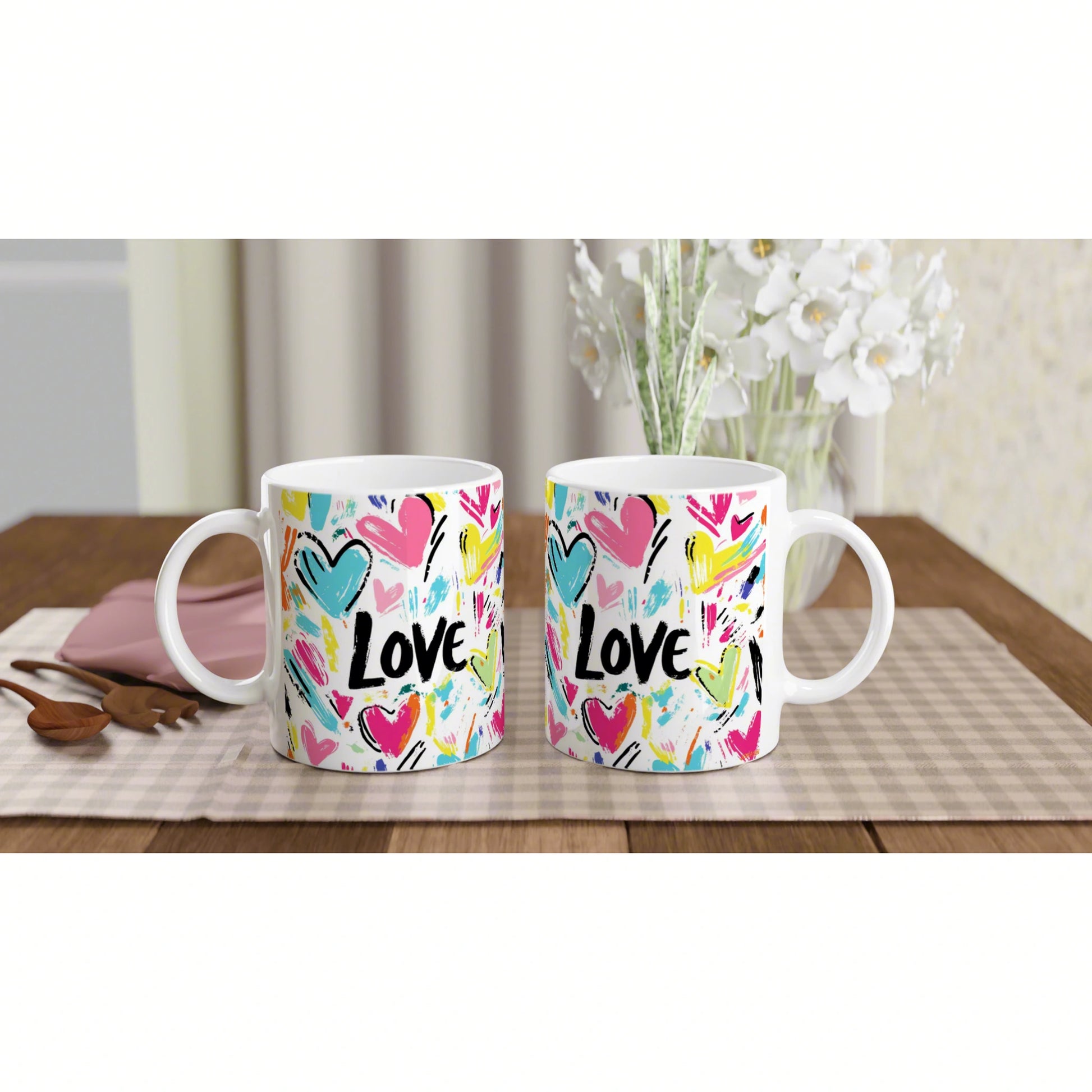 Two white mugs with colorful hearts and the word LOVE on a checkered placemat, with a vase of white flowers in the background