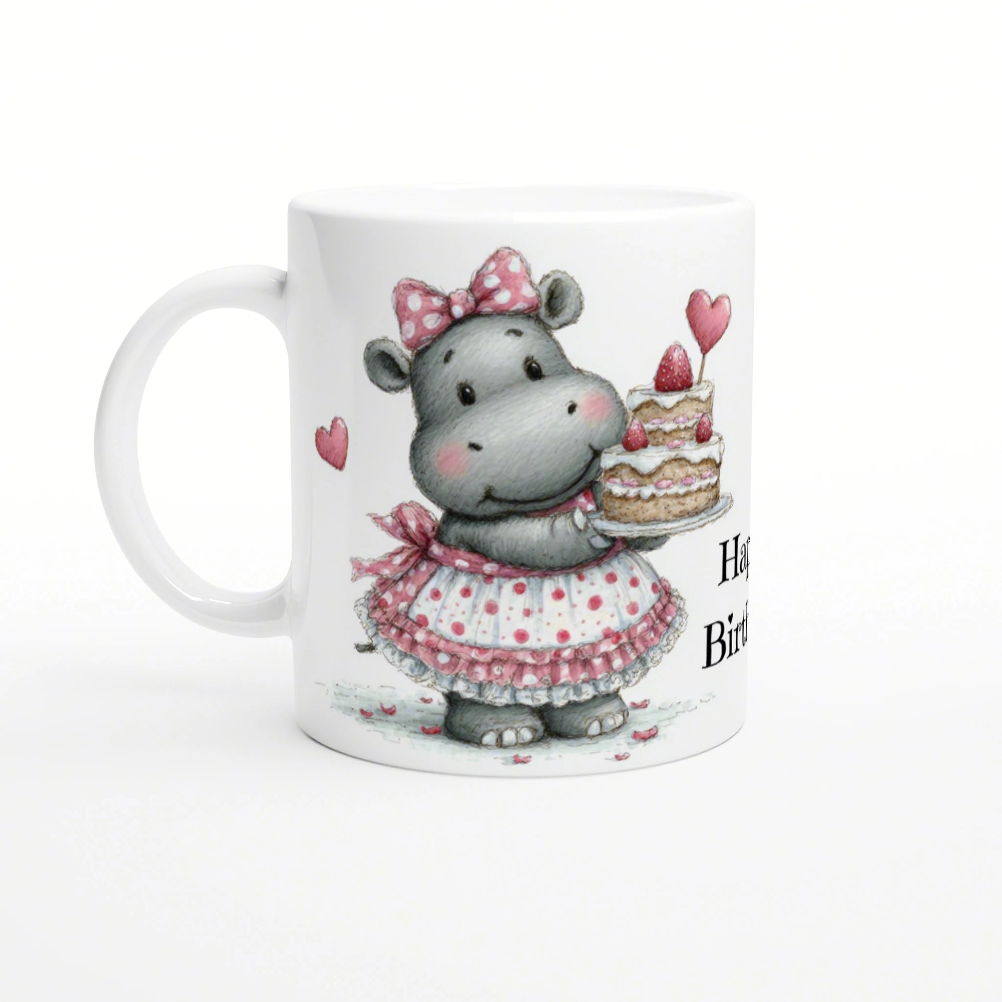 Whimsical hippo in a pink polka-dot dress and bow, holding a layered cake on a white mug.