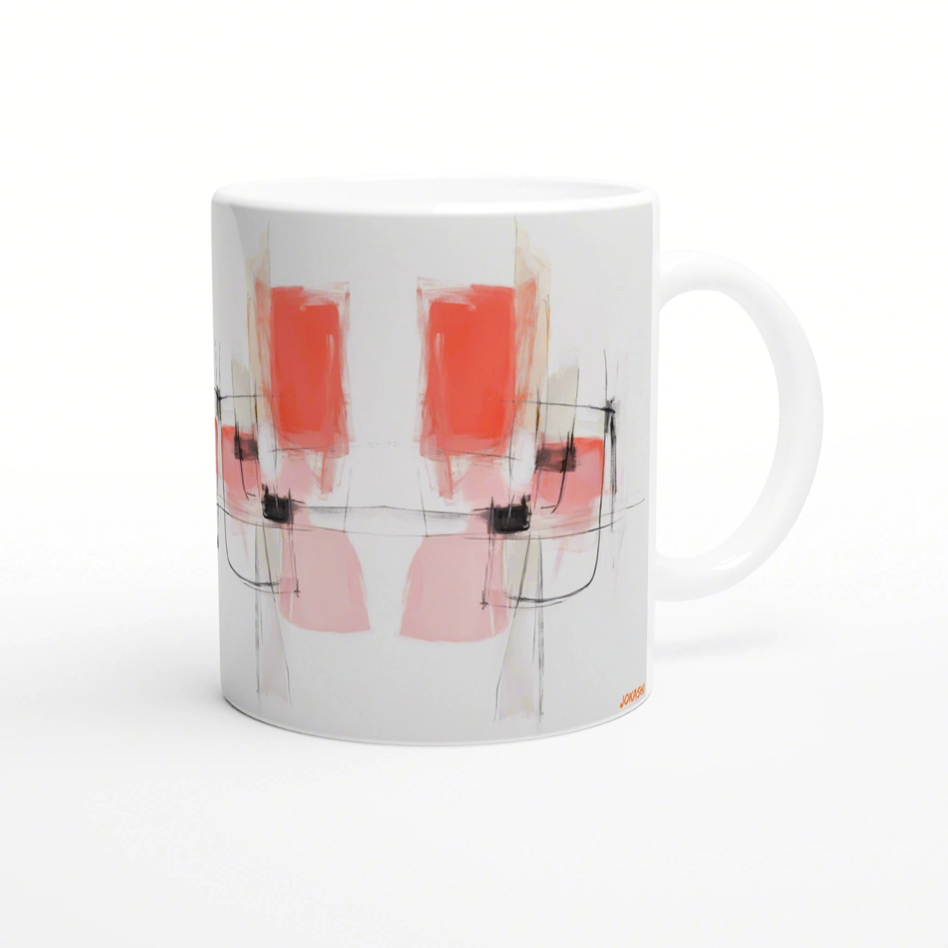 White ceramic mug with abstract art: pink coral blocks and black sketch lines on a pale background