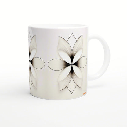 White ceramic mug with an abstract black line-art floral motif wrapping around the surface.