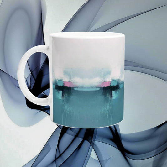 White ceramic mug with an abstract blue-green landscape wraparound design, shown as a mockup on a blue background.