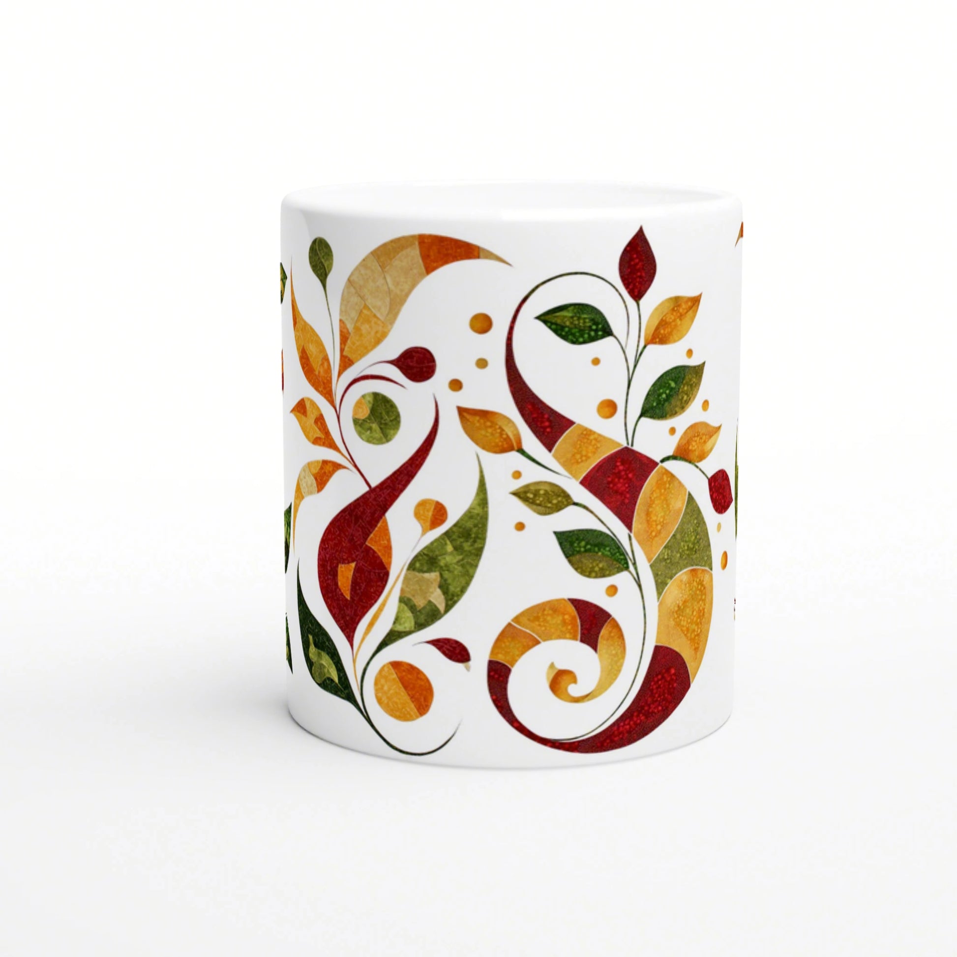 White ceramic mug featuring a vivid abstract botanical pattern of swirling vines and multicolored leaves in autumn hues.