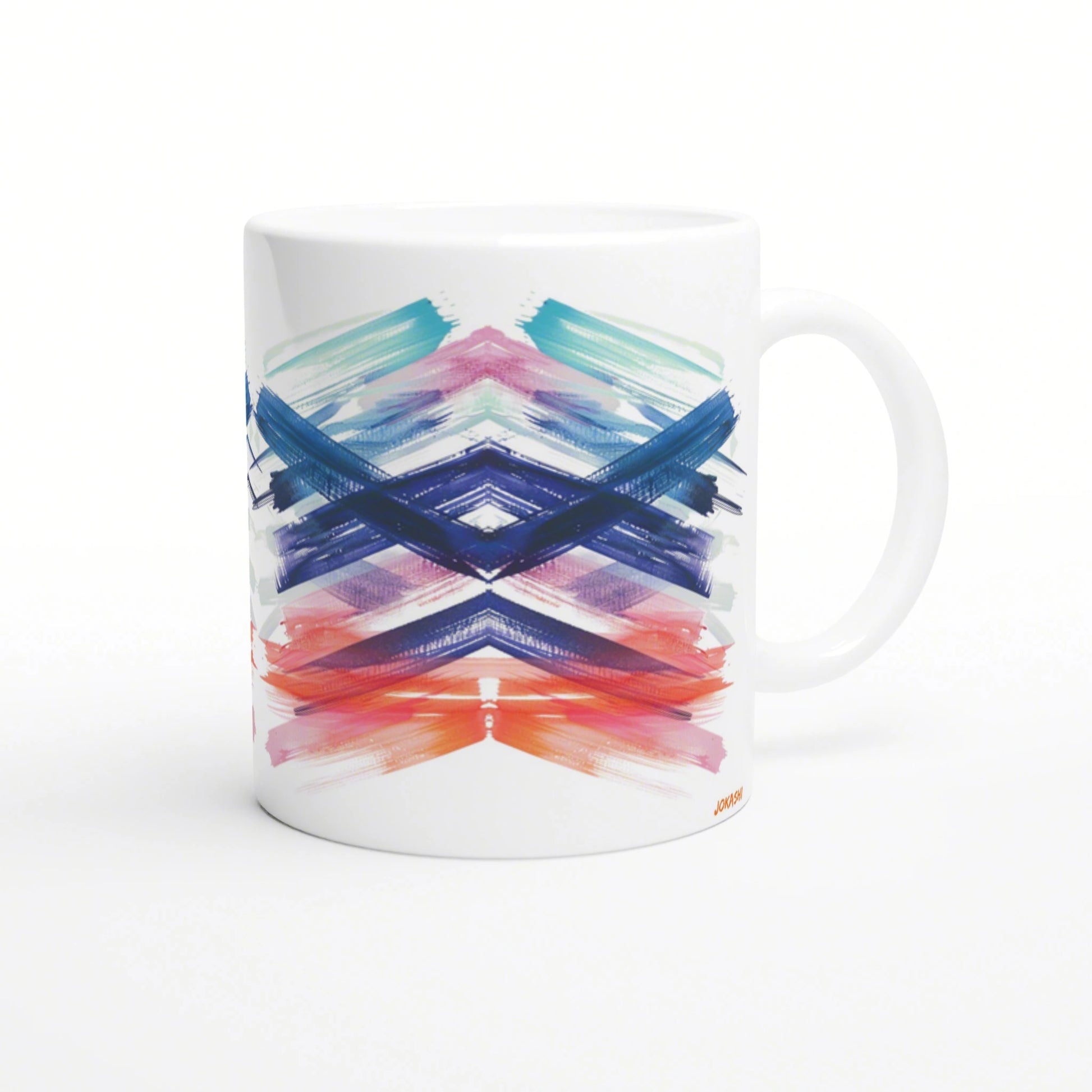 White ceramic mug with a vibrant abstract chevron brushstroke pattern in blue, teal, pink, purple, and orange.