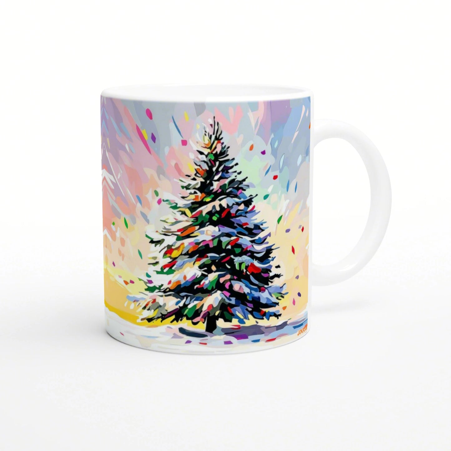 White ceramic mug with vibrant abstract Christmas tree artwork; product mockup for a shop.