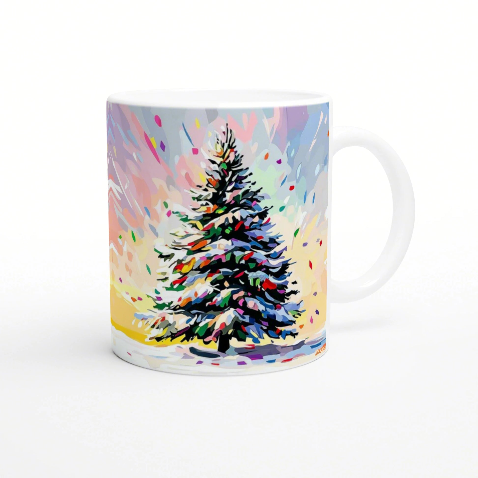 White ceramic mug with vibrant abstract Christmas tree artwork; product mockup for a shop.