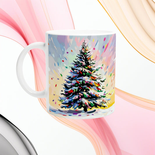 White ceramic mug featuring a vibrant, abstract Christmas tree painting in multiple colors, with pastel background swirls.