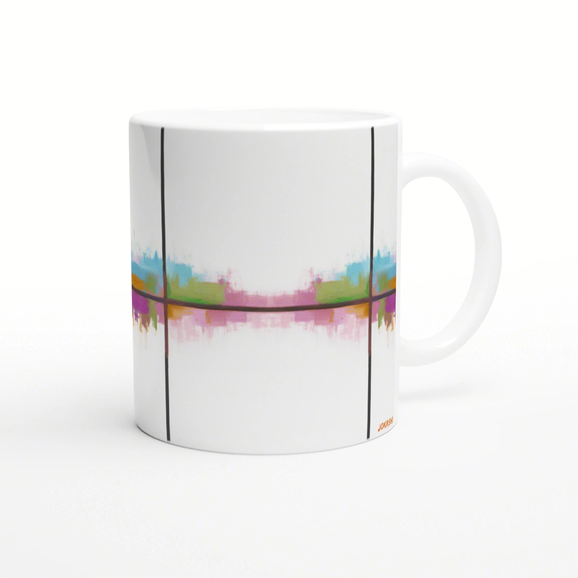 White ceramic mug with abstract color stripe in blue, green, pink, purple, orange, framed by two vertical black lines.