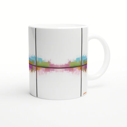 White ceramic mug with abstract color stripe in blue, green, pink, purple, orange, framed by two vertical black lines.