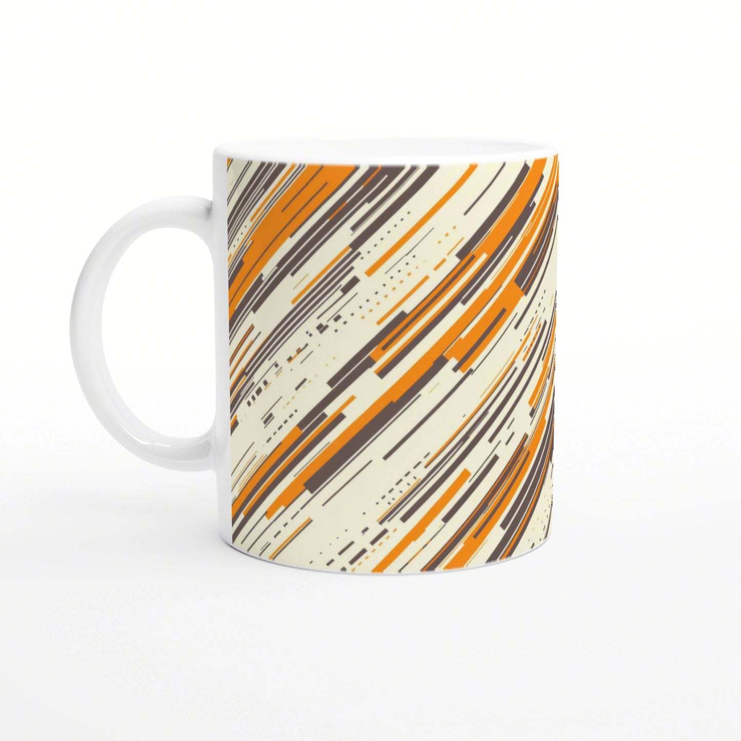 White ceramic mug with an abstract diagonal pattern in orange and dark brown on a cream background.