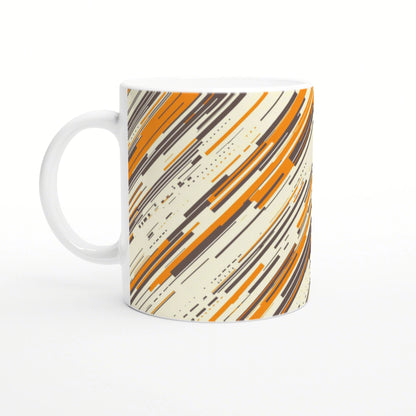 White ceramic mug with an abstract diagonal pattern in orange and dark brown on a cream background.