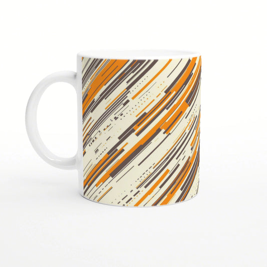 White ceramic mug with an abstract diagonal pattern in orange and dark brown on a cream background.