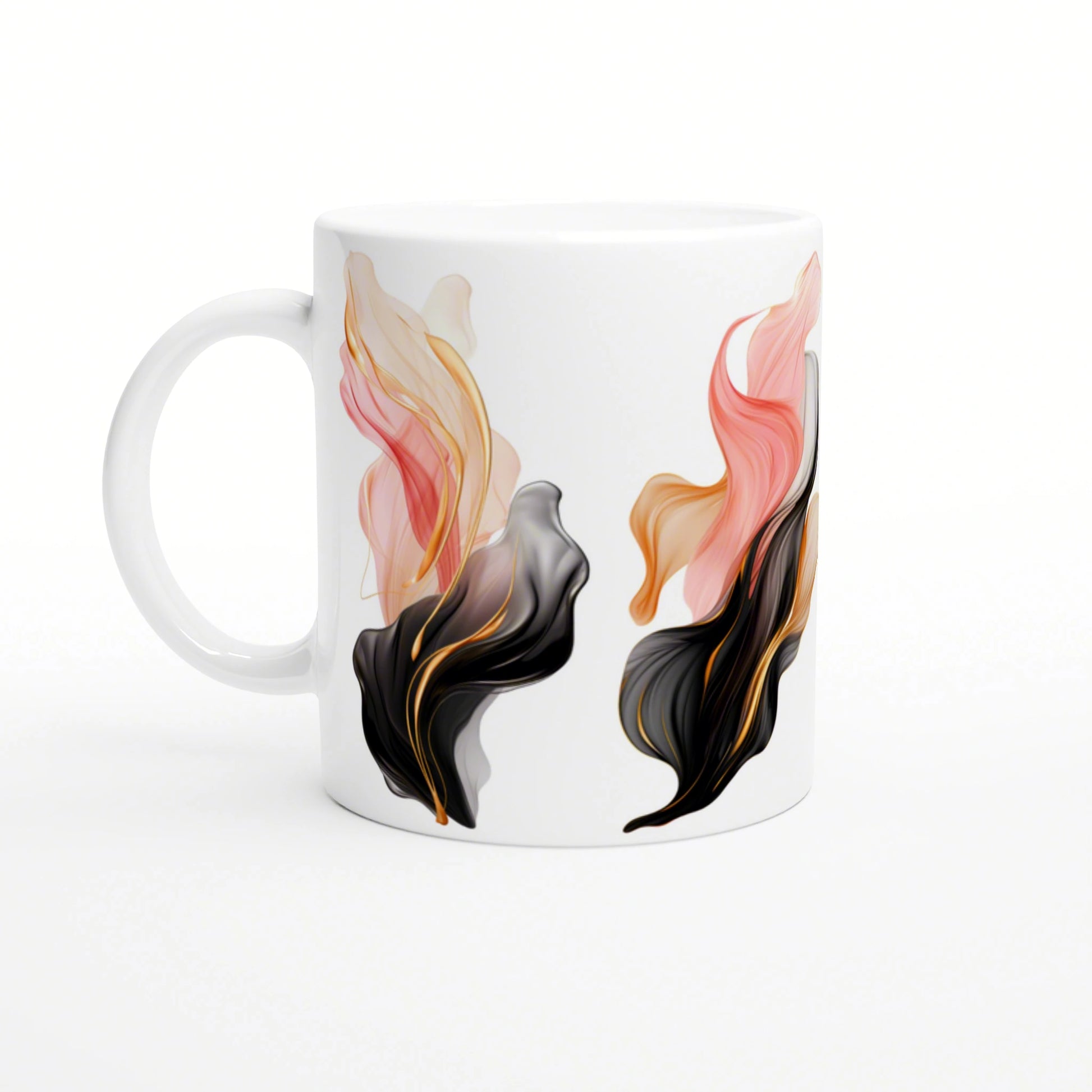 White ceramic mug with abstract flowing ribbons in pink, peach, gold and black wrapping around its surface.