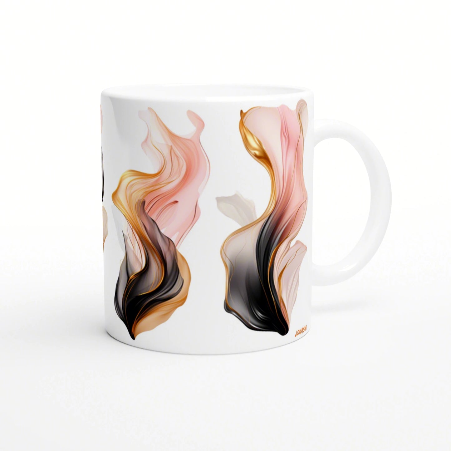 White ceramic mug featuring abstract flowing ribbons in pink, peach, gold, and black; product mockup for an online shop.