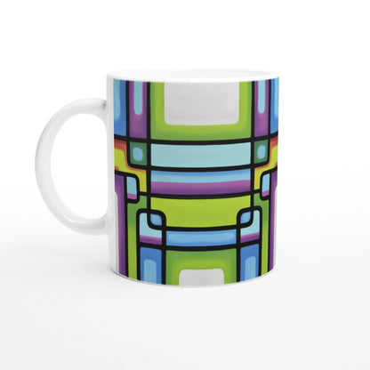 White ceramic mug featuring a bold abstract geometric pattern of colorful rectangular blocks outlined in black.