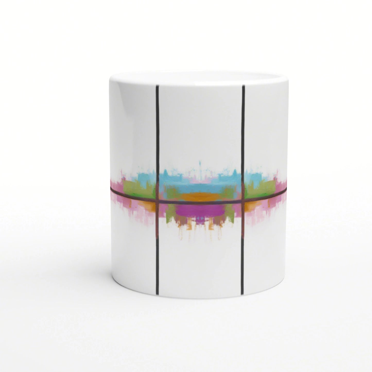 White ceramic mug with an abstract multicolor band across the center, framed by three vertical black lines.