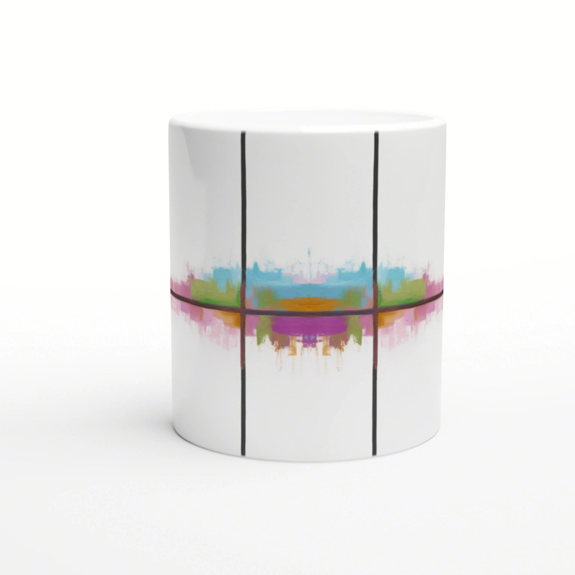 White ceramic mug with an abstract multicolor band across the center, framed by three vertical black lines.