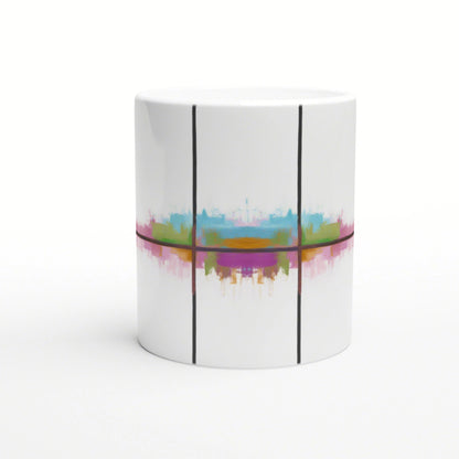 White ceramic mug with an abstract multicolor band across the center, framed by three vertical black lines.