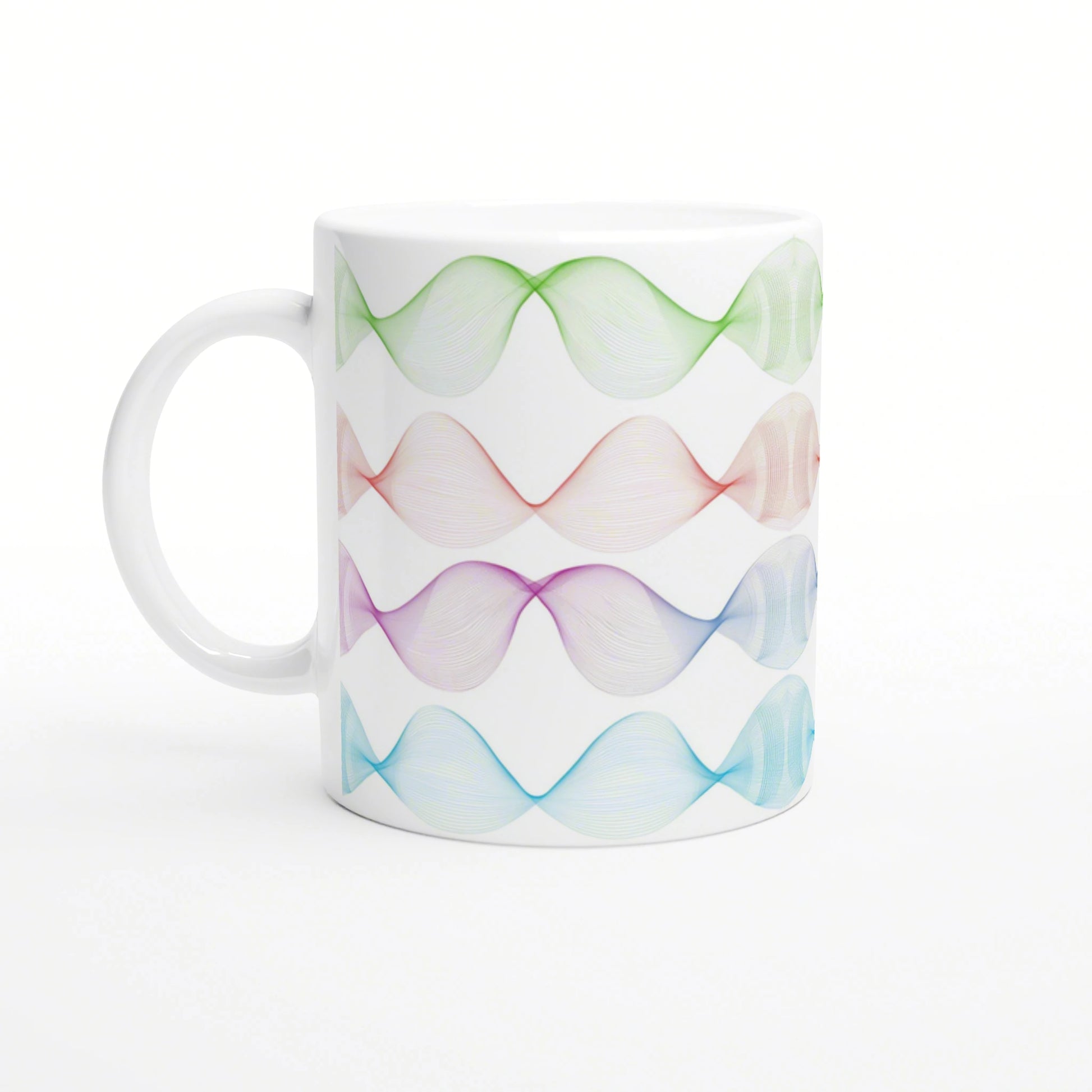 White ceramic mug featuring an abstract multicolor wave pattern with green, red, purple, and blue ribbons around its surface.