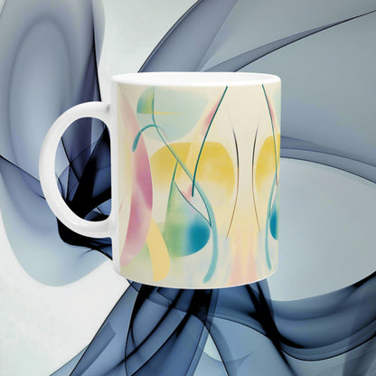 White ceramic mug featuring abstract pastel artwork with flowing lines; a product mockup on a muted blue background.