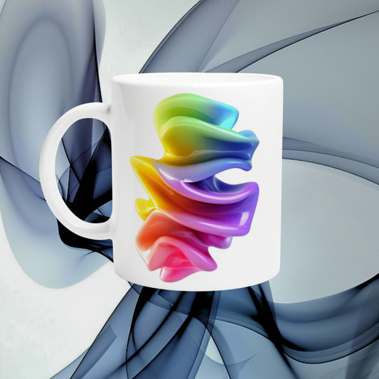 White ceramic mug with a vivid abstract rainbow swirl print against a cool blue background.