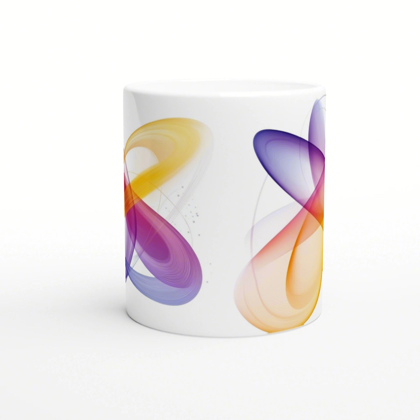 White ceramic mug featuring an abstract multicolor swirl in purple, yellow, and orange on a white background; product mockup.
