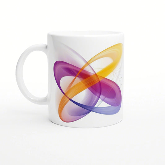 White ceramic mug featuring a vivid abstract swirl in orange, purple and blue; product mockup for colorful drinkware.