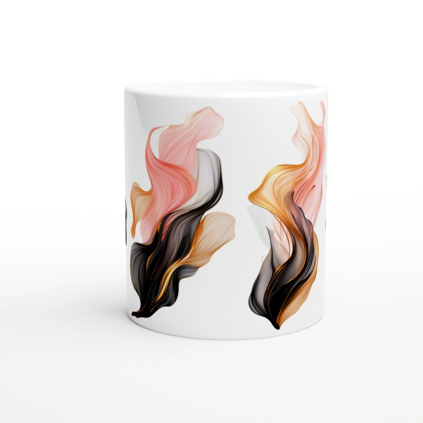White ceramic mug with an abstract swirl pattern in pink, orange, and black on a white background.
