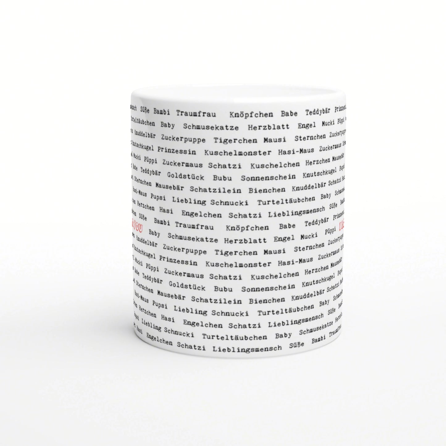 White ceramic mug with an all-over print of German endearment words in black, shown as a product mockup for slogan mugs.