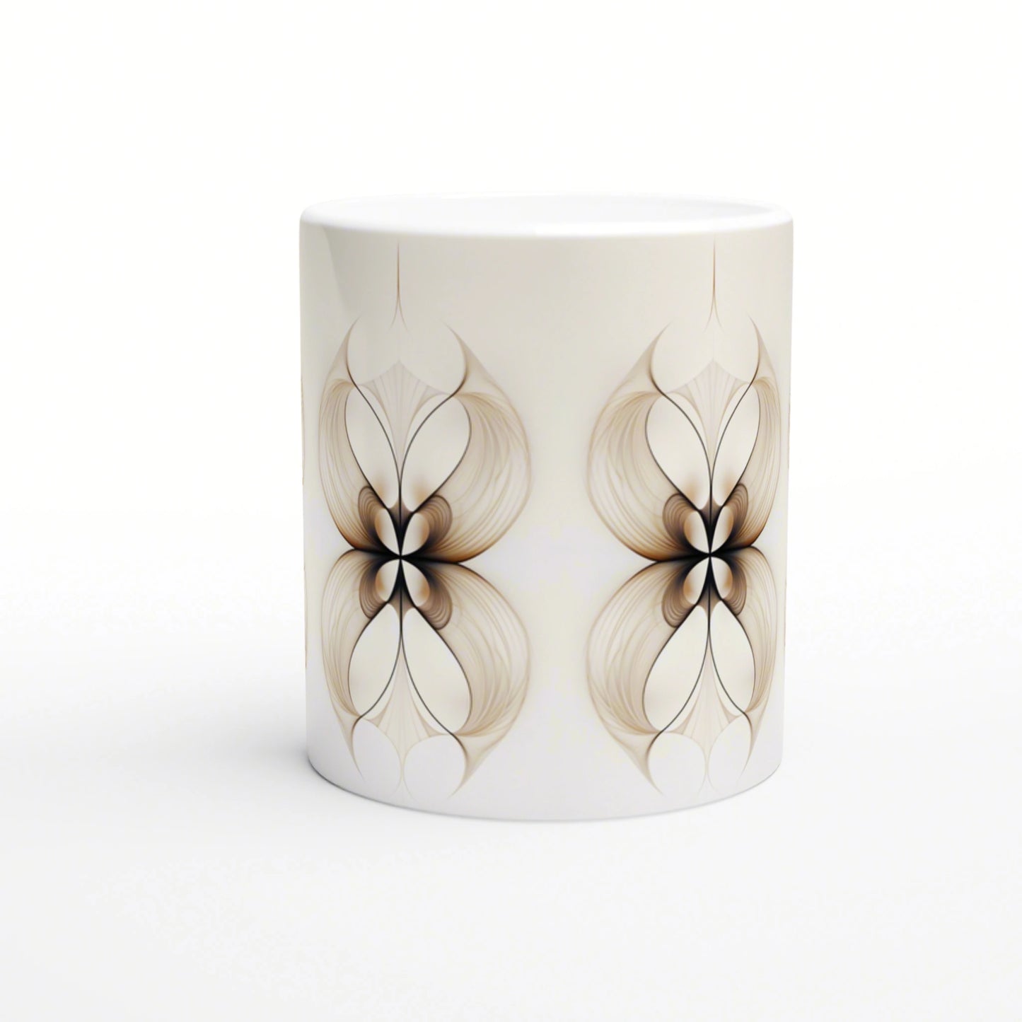 White ceramic mug mockup featuring beige symmetrical floral line-art pattern.