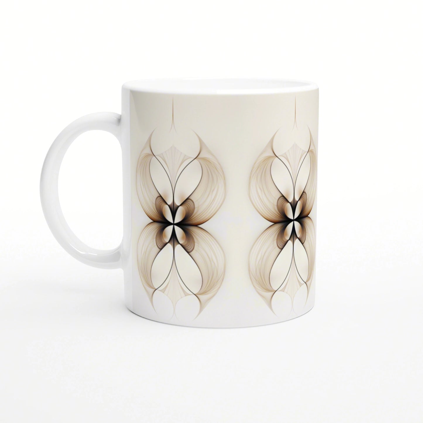 White ceramic mug with a beige, symmetrical floral-inspired pattern; product mockup.