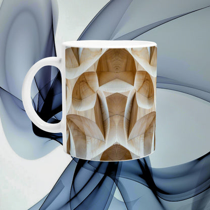 Product mockup: white ceramic mug with a beige wood-grain geometric pattern against an abstract blue background.