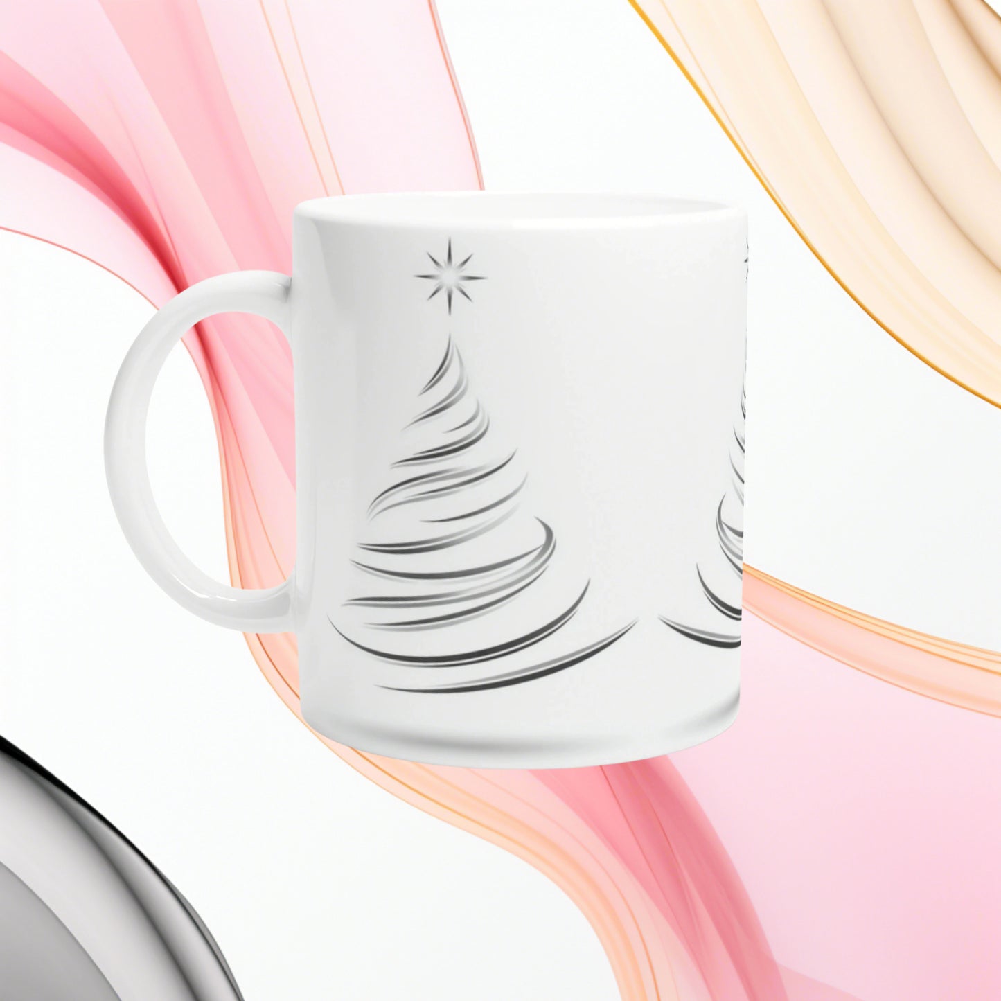 White ceramic mug with a black abstract Christmas tree design; product mockup on a colorful flowing background.