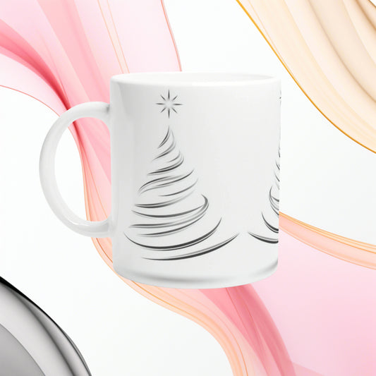 White ceramic mug with a black abstract Christmas tree design; product mockup on a colorful flowing background.