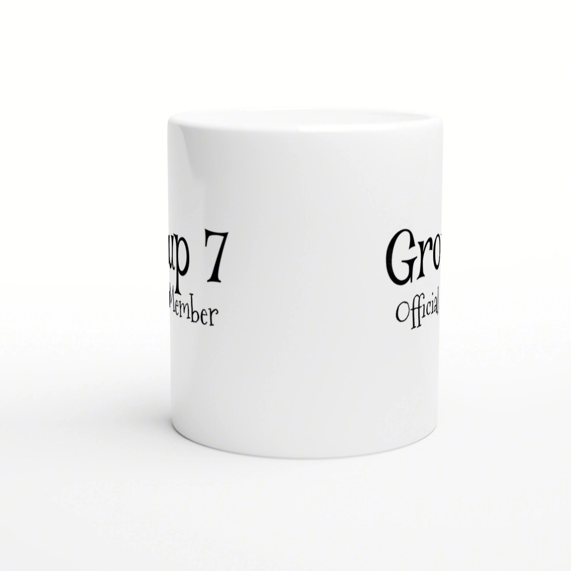 White ceramic mug mockup with black serif text wrap-around; product image for a shop selling humorous cups.