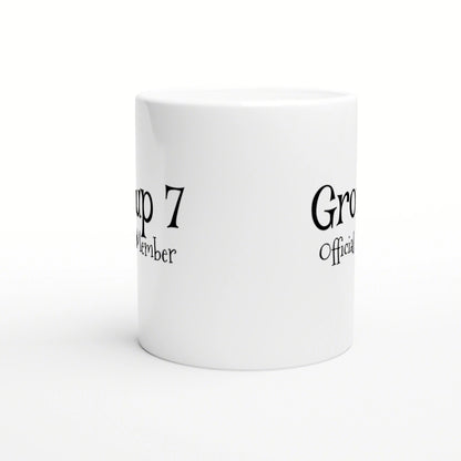 White ceramic mug mockup with black serif text wrap-around; product image for a shop selling humorous cups.