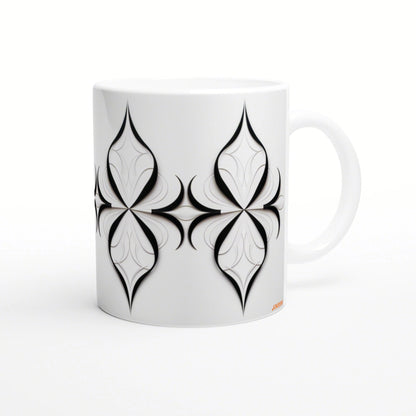 White ceramic mug with a bold black symmetric four-petal geometric motif wrapping around the side.