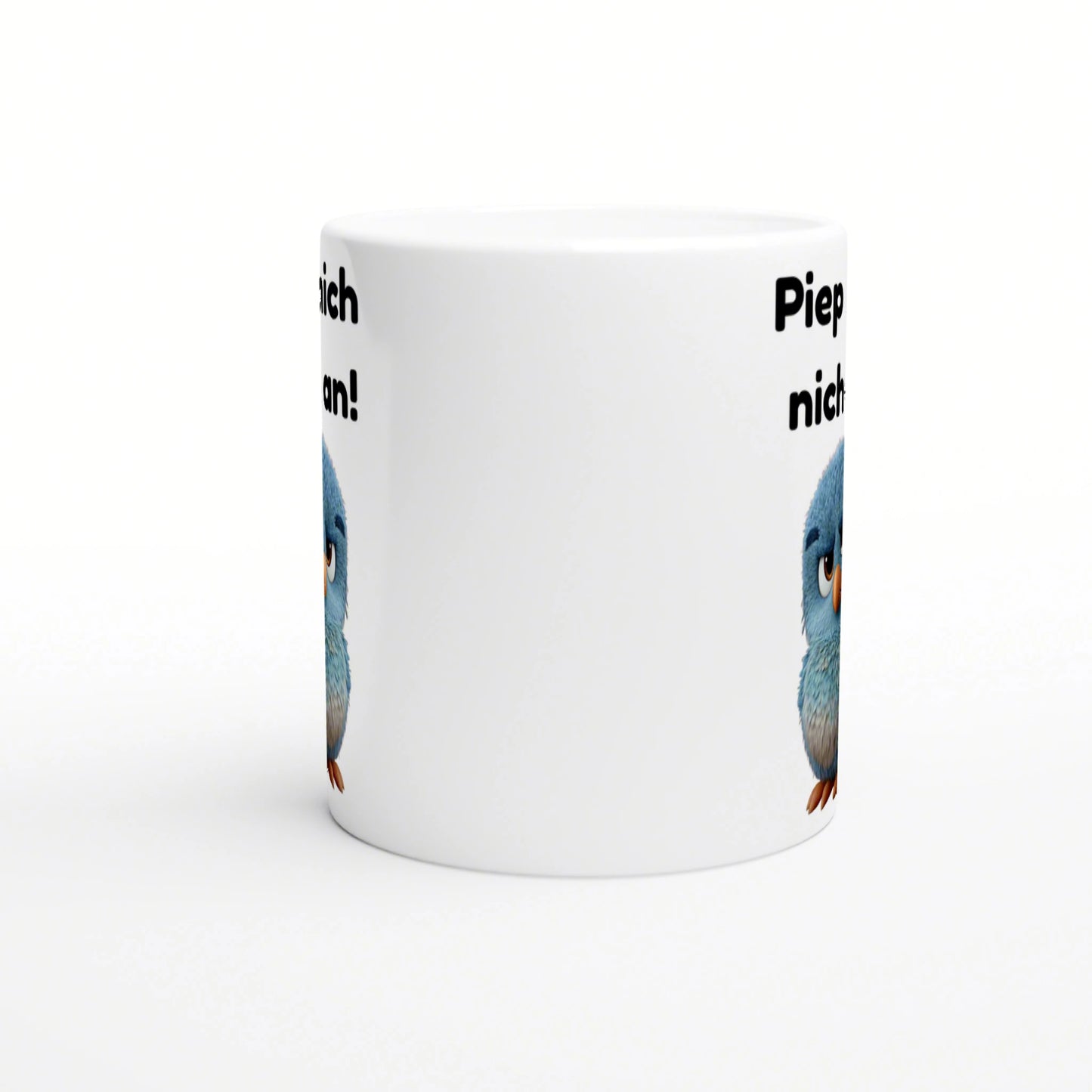 White ceramic mug mockup with blue cartoon birds peeking from the sides and partial black text around the rim.