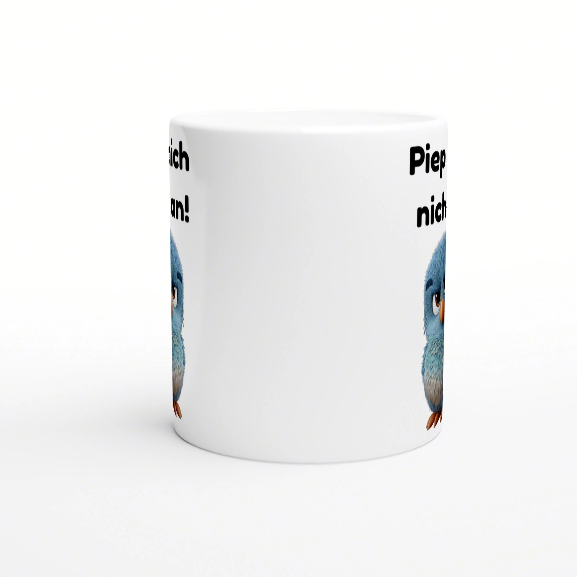 White ceramic mug mockup with blue cartoon birds peeking from the sides and partial black text around the rim.