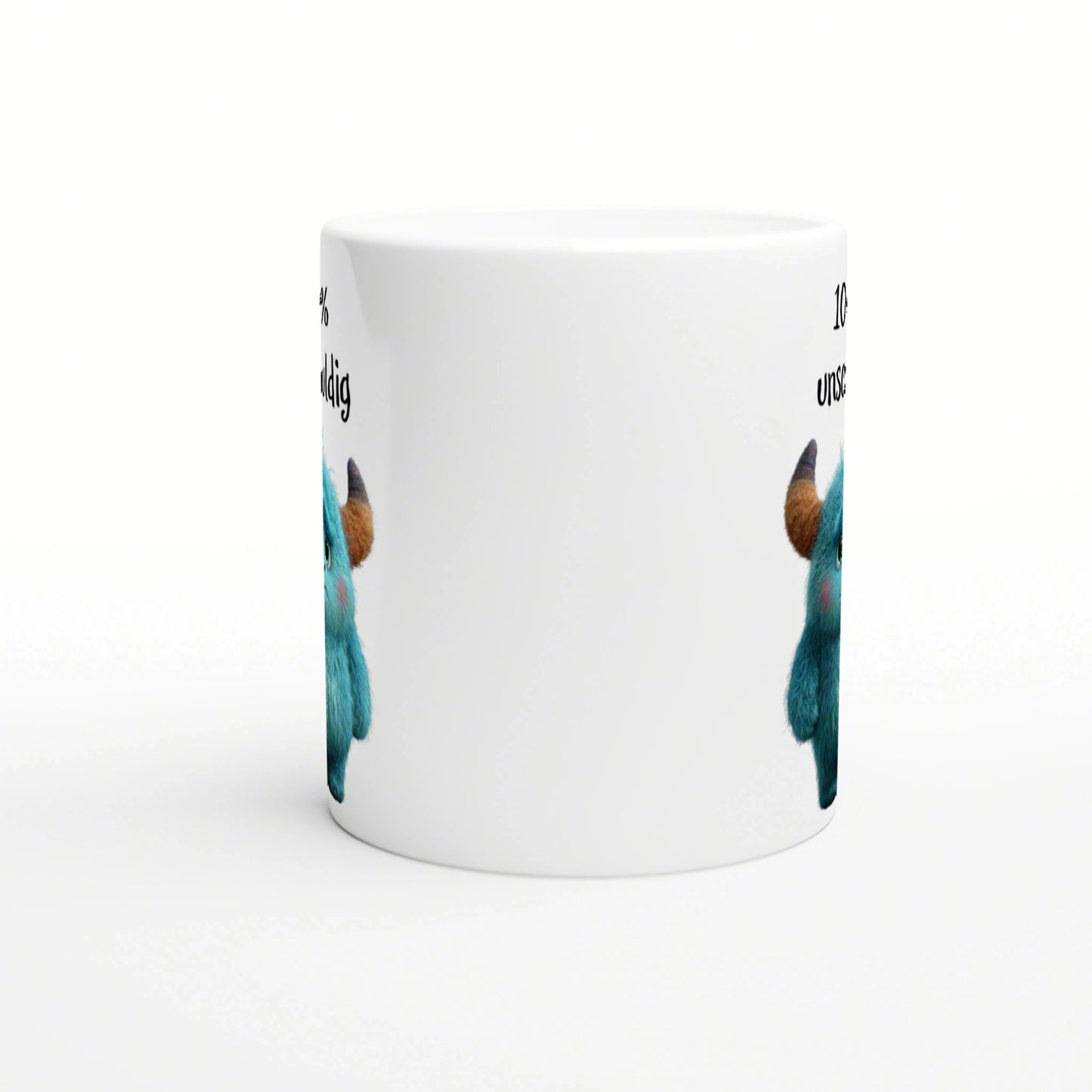 White ceramic mug featuring blue fluffy monsters with brown horns peeking from the sides; product mockup for humorous slogans.