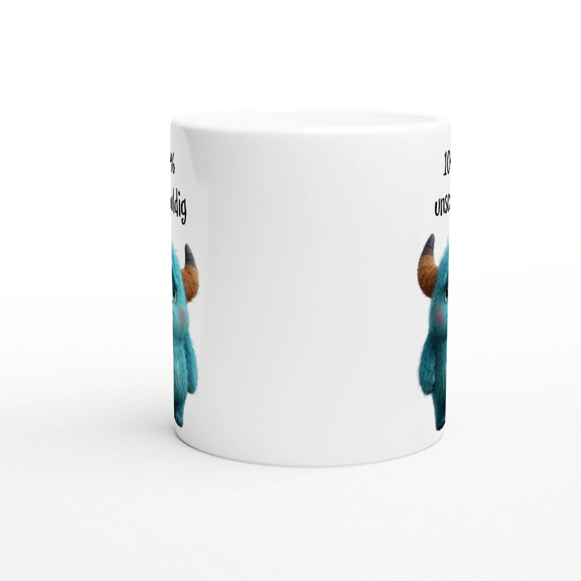 White ceramic mug featuring blue fluffy monsters with brown horns peeking from the sides; product mockup for humorous slogans.