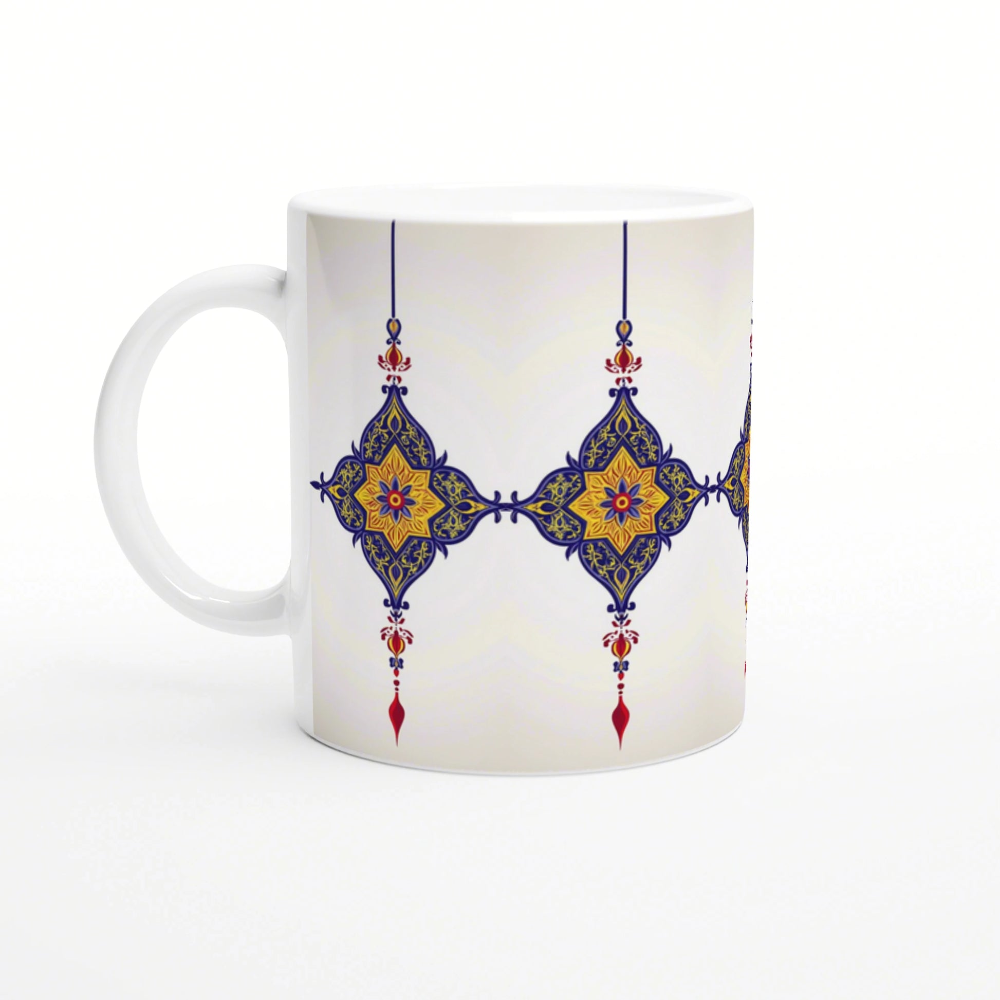 White ceramic mug mockup featuring a blue and gold ornamental lattice pattern with red accents.