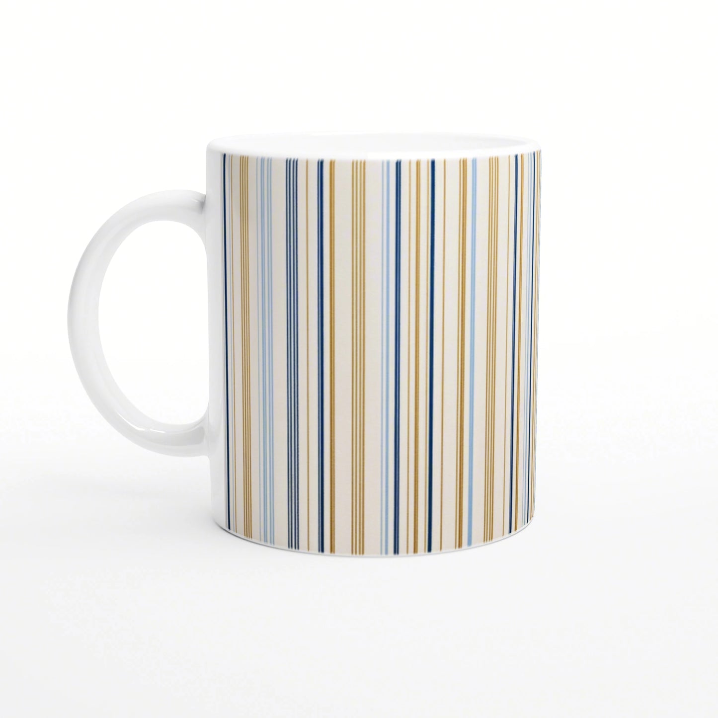 White ceramic mug with blue and gold vertical stripes; product mockup for online shop.