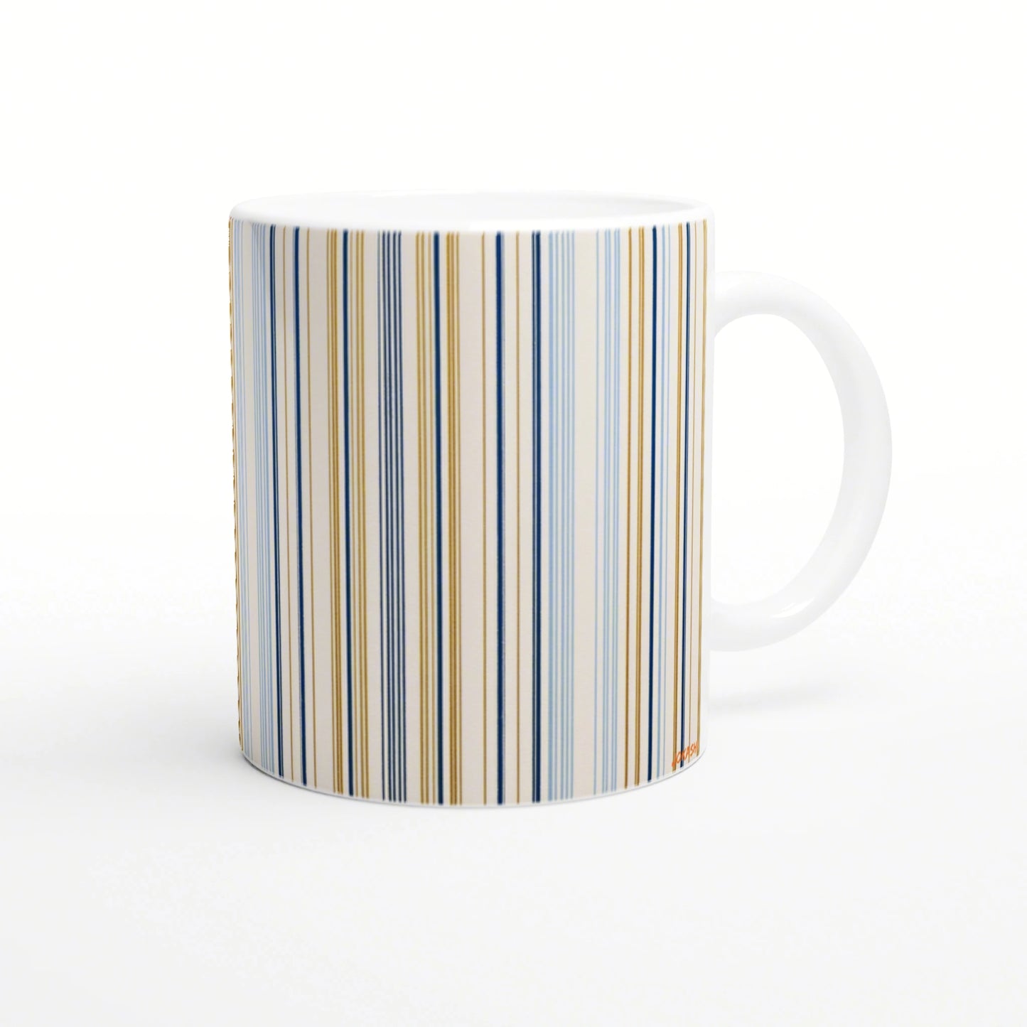 White ceramic mug with vertical blue and gold stripes; product mockup.