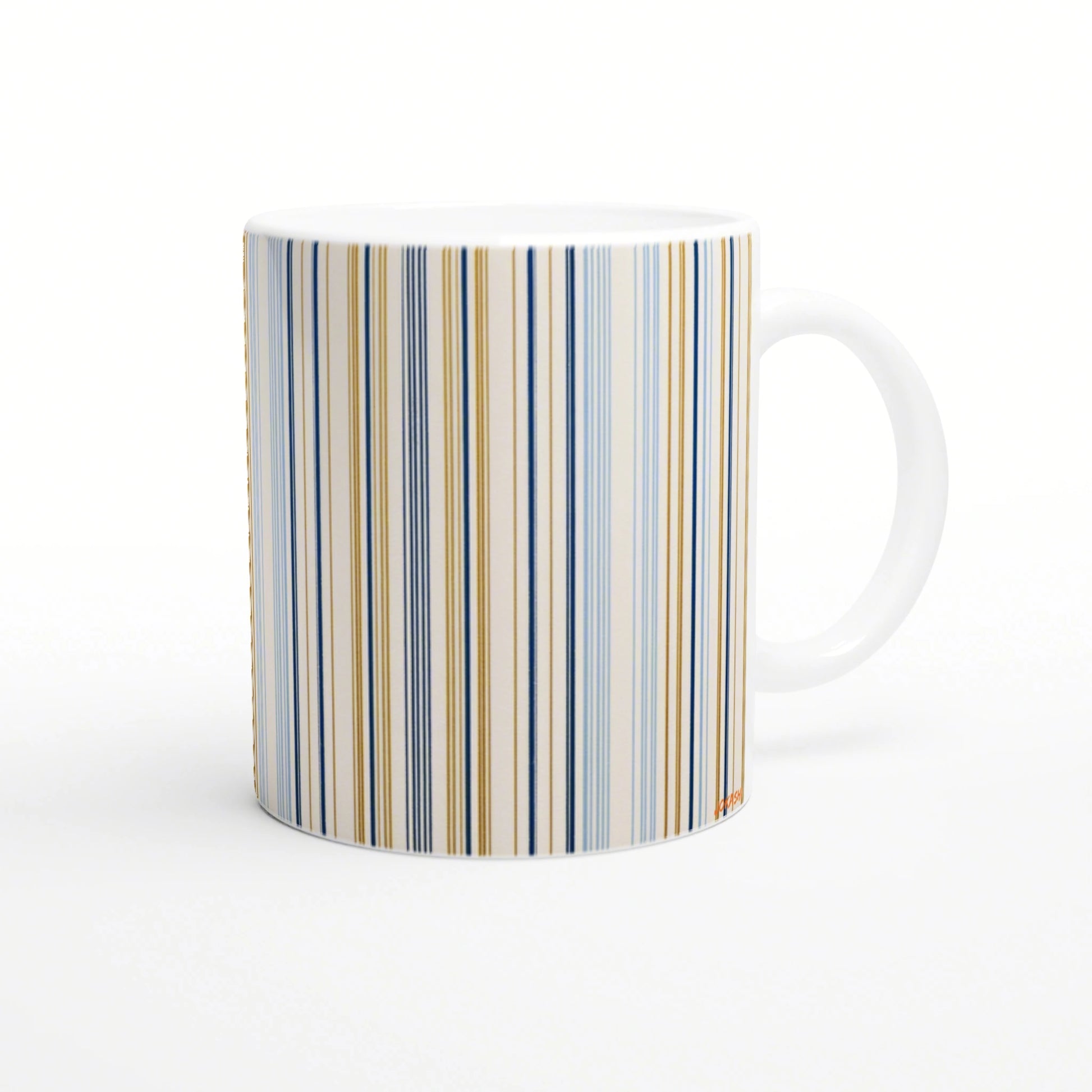 White ceramic mug with vertical blue and gold stripes; product mockup.