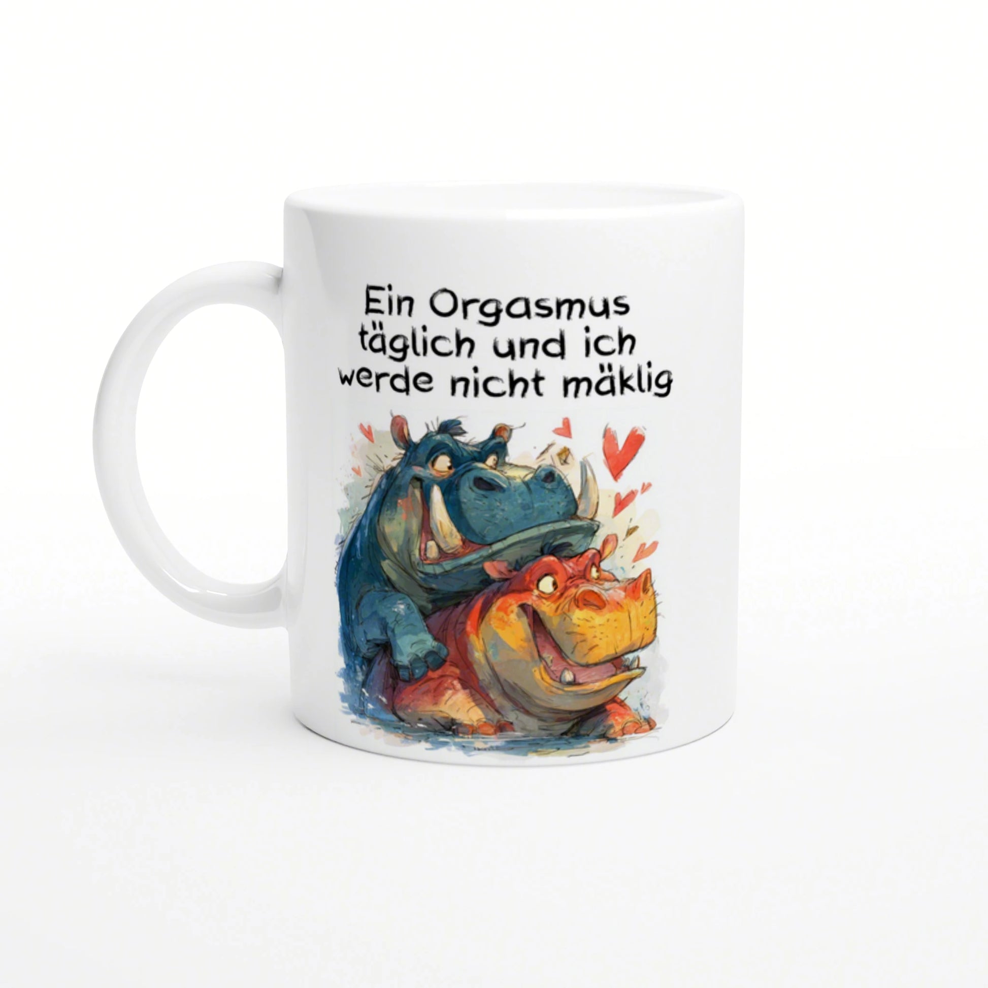 White ceramic mug with a colorful illustration of a blue and orange hippo hugging amid hearts; bold German slogan above.