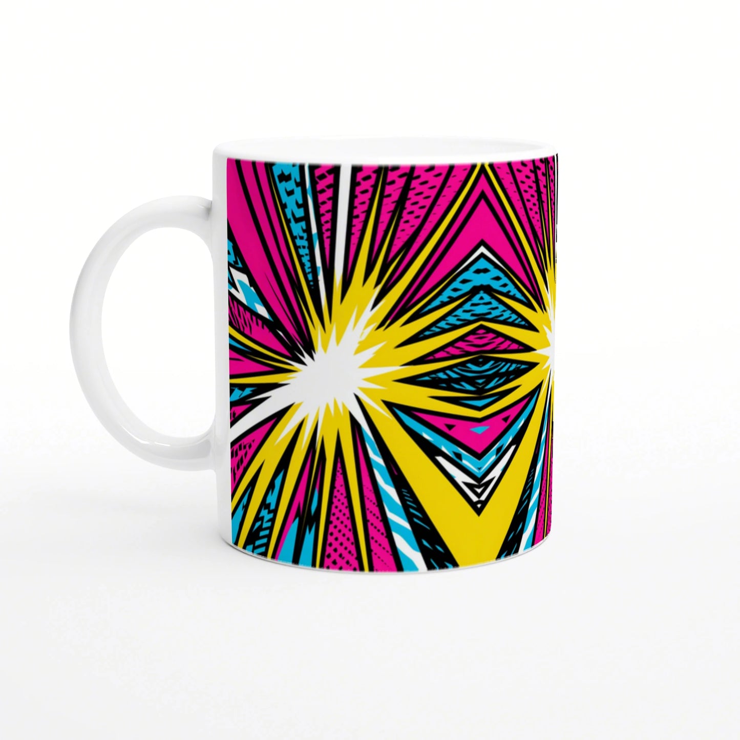 White ceramic mug with a bold pop-art explosion graphic in pink, yellow, cyan blue and black.