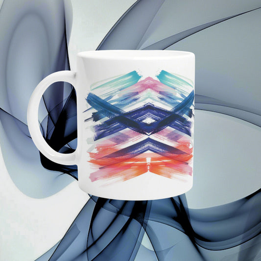 White ceramic mug featuring a bright brush-stroke chevron pattern in teal, blue, pink, purple, and orange.