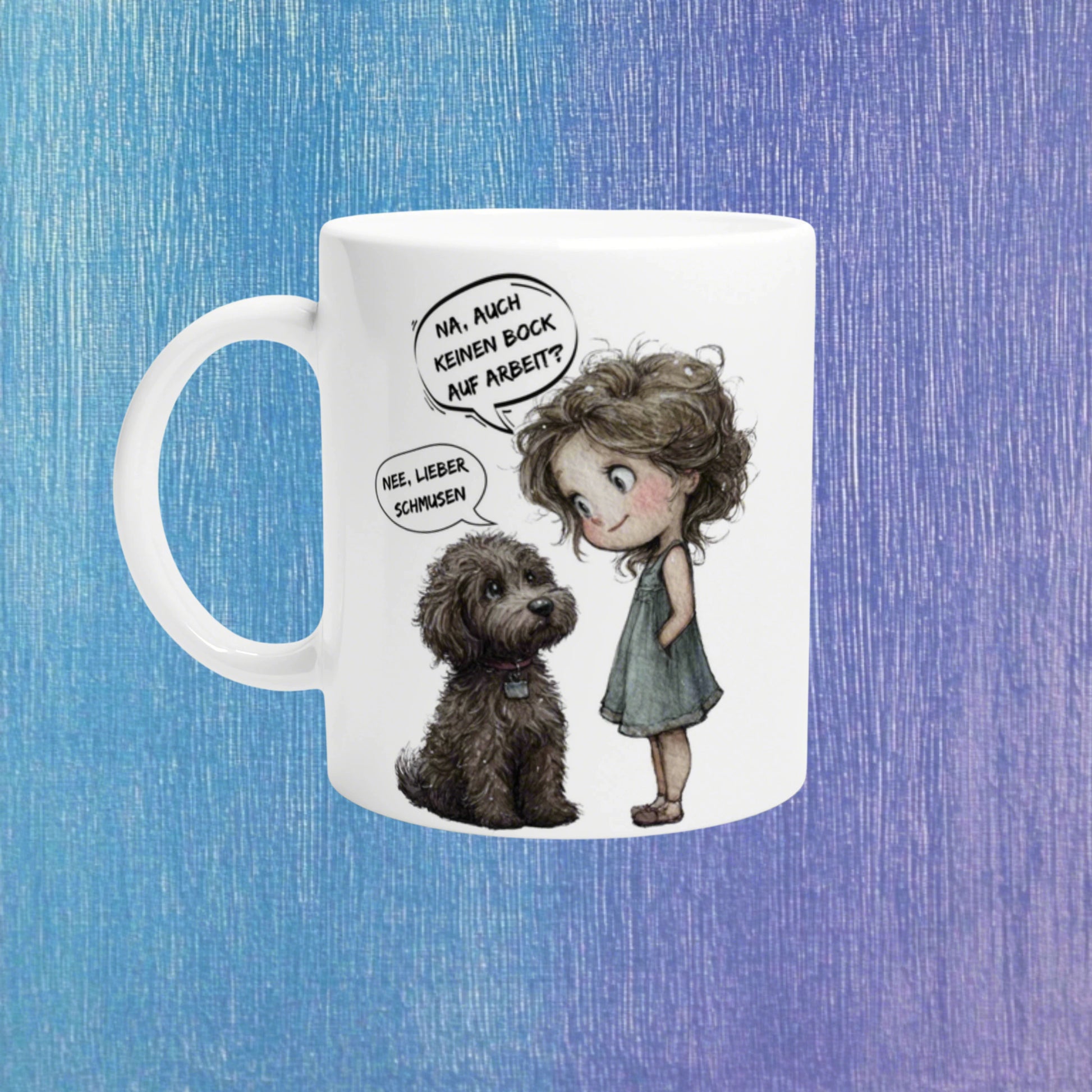 White ceramic mug features a cartoon girl and dog with German speech bubbles; product mockup on a blue background.