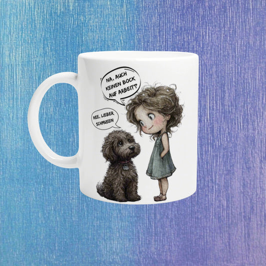 White ceramic mug features a cartoon girl and dog with German speech bubbles; product mockup on a blue background.