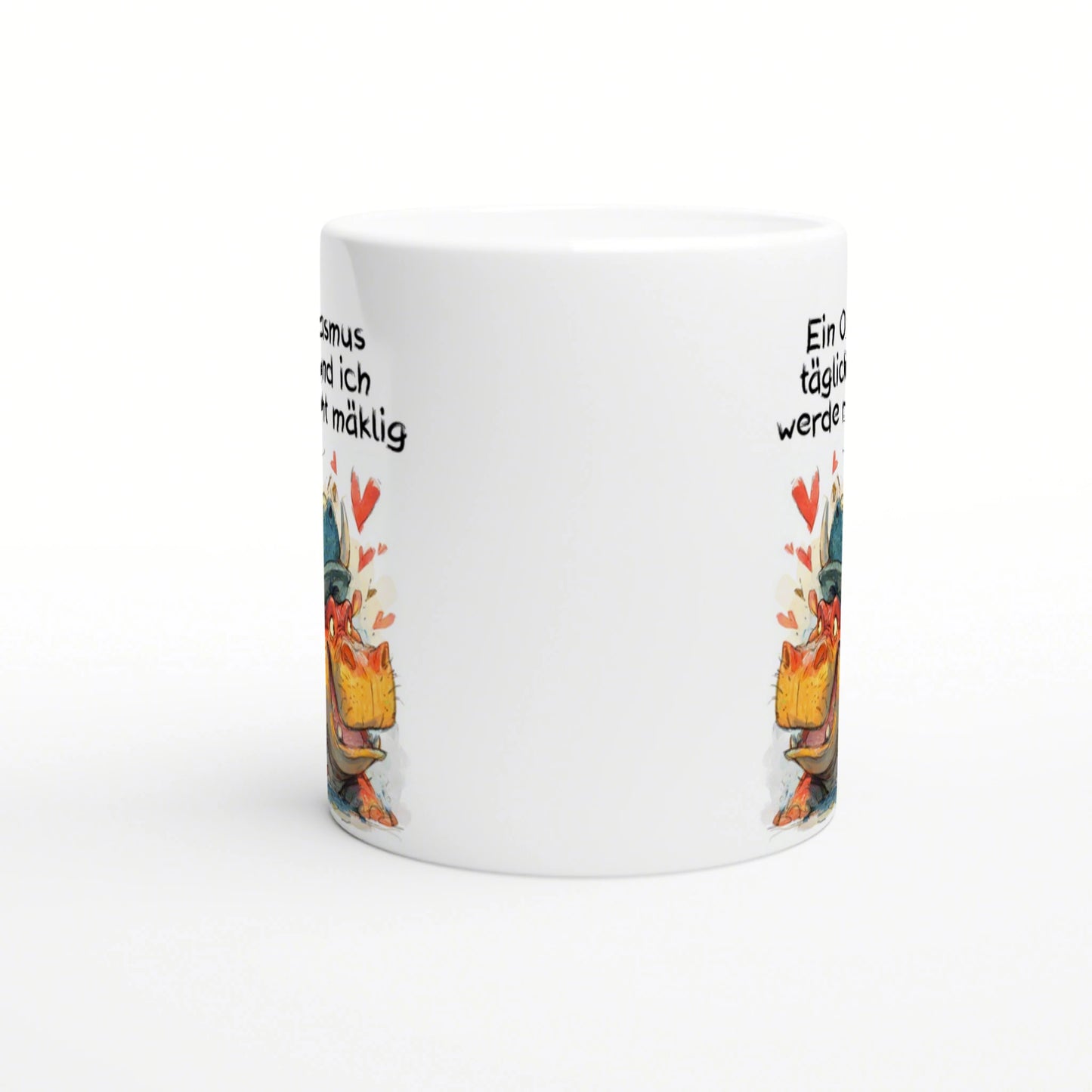 White ceramic mug mockup featuring a colorful cartoon character with hearts and partial German text along the sides.